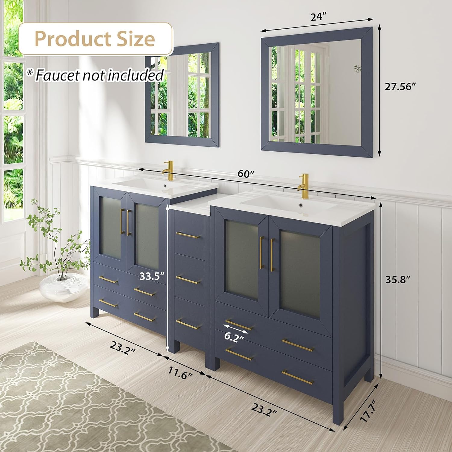 Vanity Art 60 Inch Under Mount Double Sink Bathroom Vanity Cabinet with 2 Mirrors, Ceramic Top Bathroom Cabinet Compact Set with 7 Dovetail Storage Drawers and Gold Finish Handles, VA3024-60B