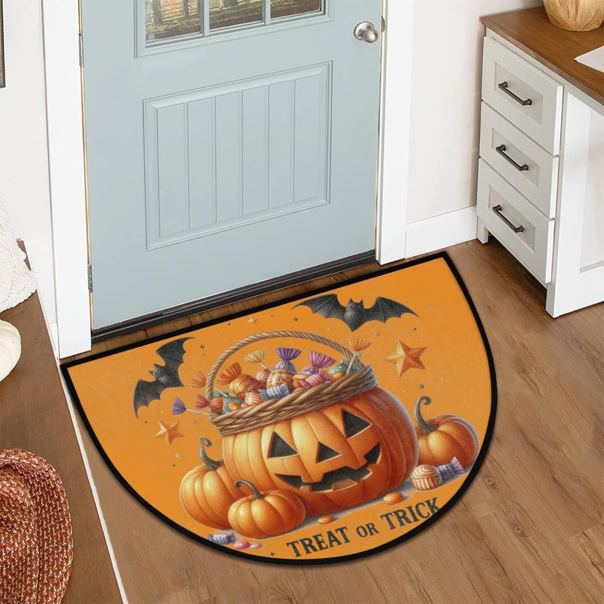 Half Round Doormat Halloween Pumpkin Orange Washable Semi Circle Area Rug Non Slip Half Moon Rug Holiday Decor Mat for Indoor Outdoor Bathroom Kitchen Welcome Fireplace Hearth Floor Mat