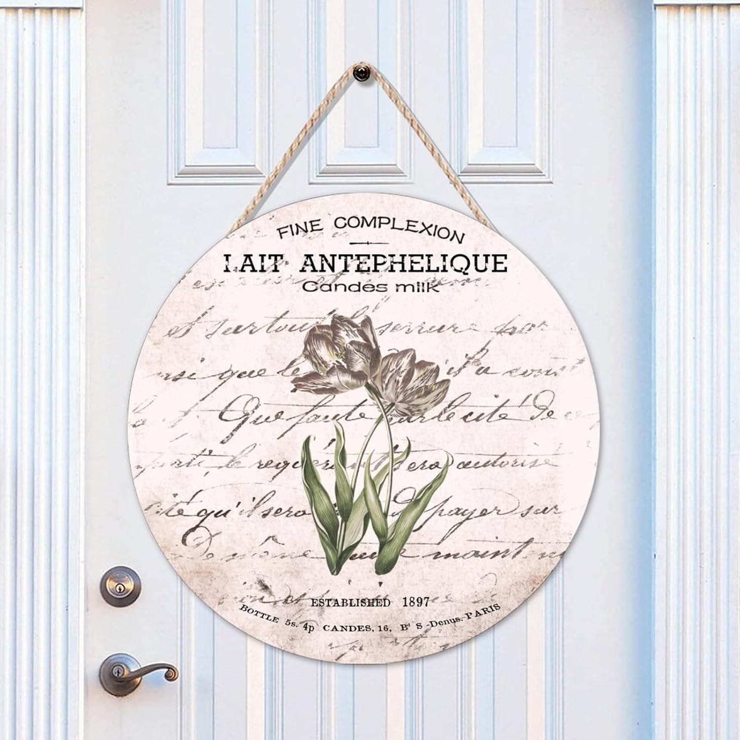 French Vintage Flower Wood Door Sign, Vintage Round Door Hanger Sign, 16x16in Rose Wall Door Hanging Sign for Front Door Farmhouse Porch Housewarming Gifts