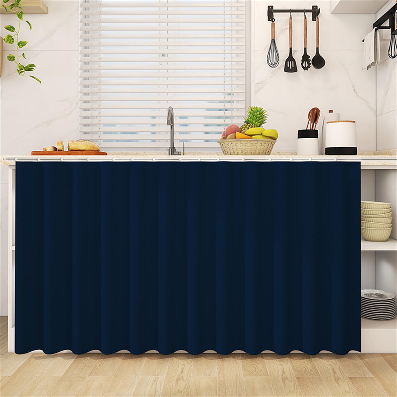 Highdi Cupboard Short Curtain Kitchen, Hide Away Small Curtains for Kitchen Cupboard Door - No Drilling Is Required with Hook and Loop for Under Sink-Solid Colour (Navy Blue,60 * 140cm)
