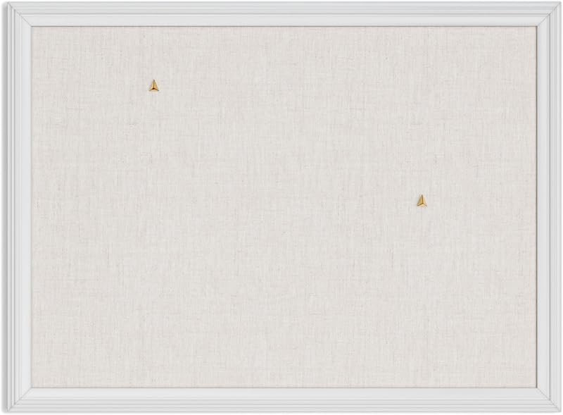 U Brands Bulletin Board, 18 x 24 Inch Linen Fabric Pin Board, Farmhouse White Wood Style Frame, Wall Message Center & Vision Board for Farmhouse Decor, Home Office, Classroom, Includes Push Pins | Dense backing grips push pins and thumb tacks, then hides the holes they leave. Hangs either way. Two gold pins included.
