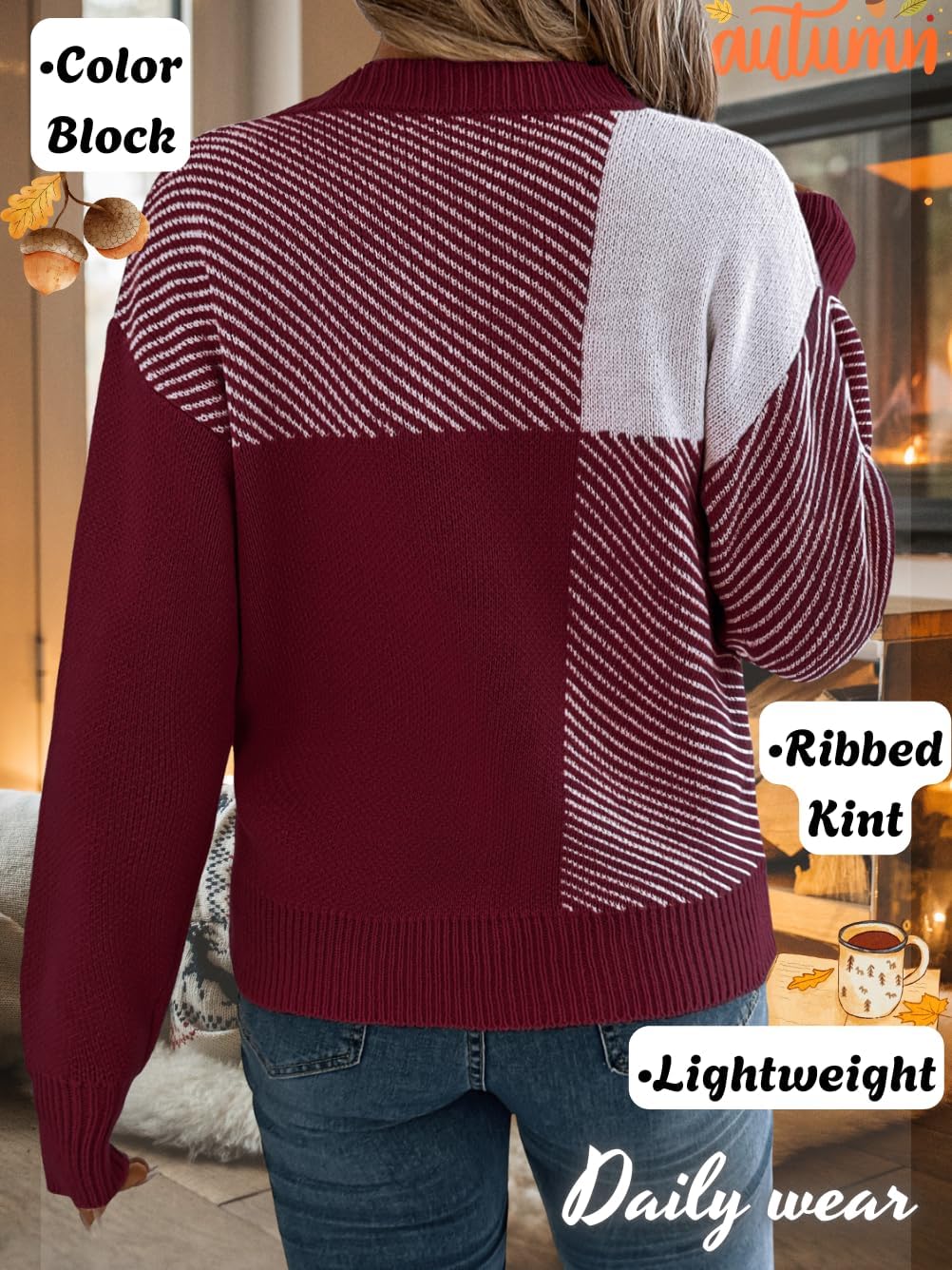Women Color Block Checkered Striped Sweater, Crewneck Long Sleeve Lightweight Knit Sweaters, Cute Casual Fall Outfits - Image 4