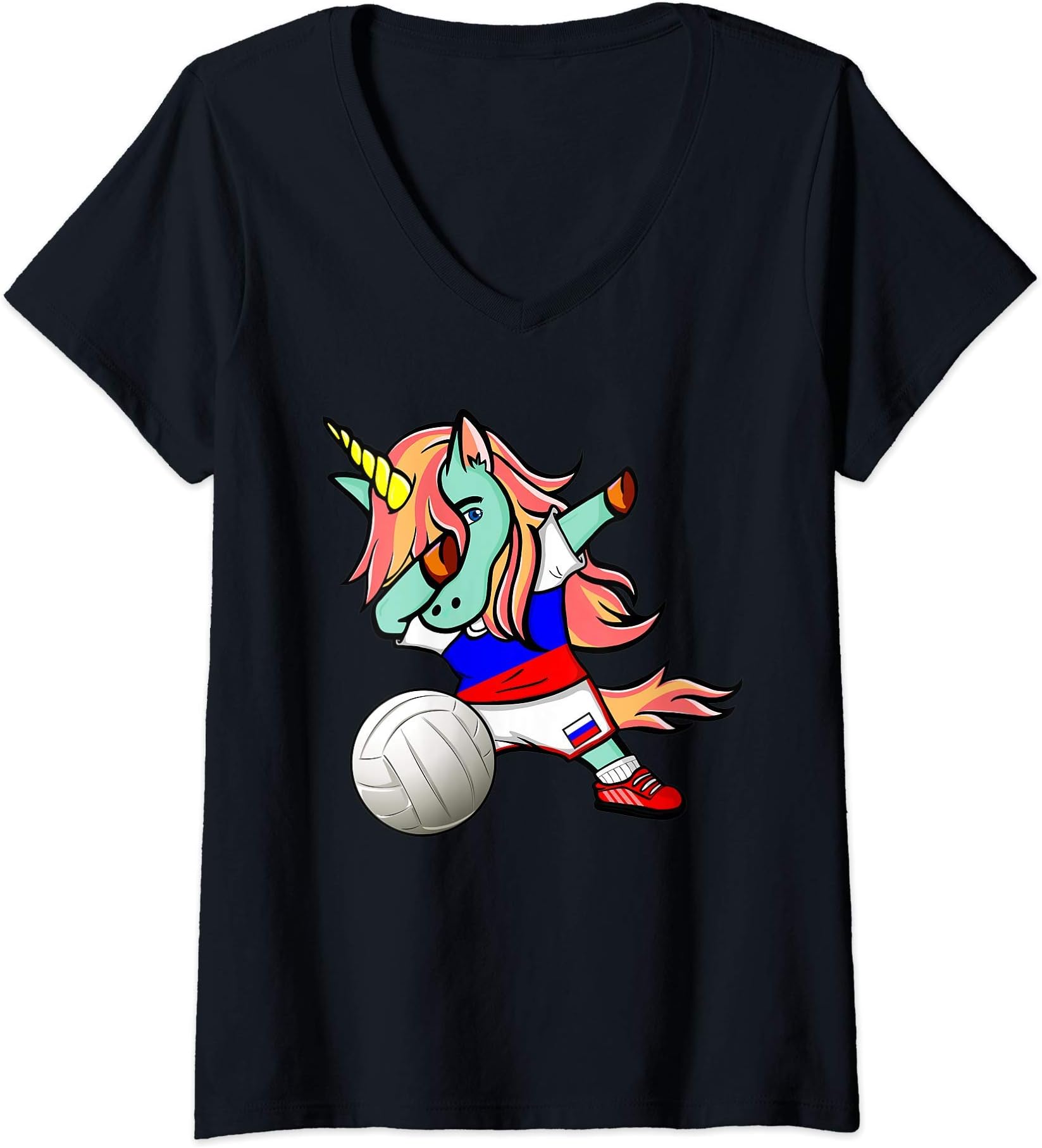 Teeisle Russia VolleyballWomens Dabbing Unicorn Russia Volleyball Lovers Jersey Russian Flag V-Neck T-Shirt