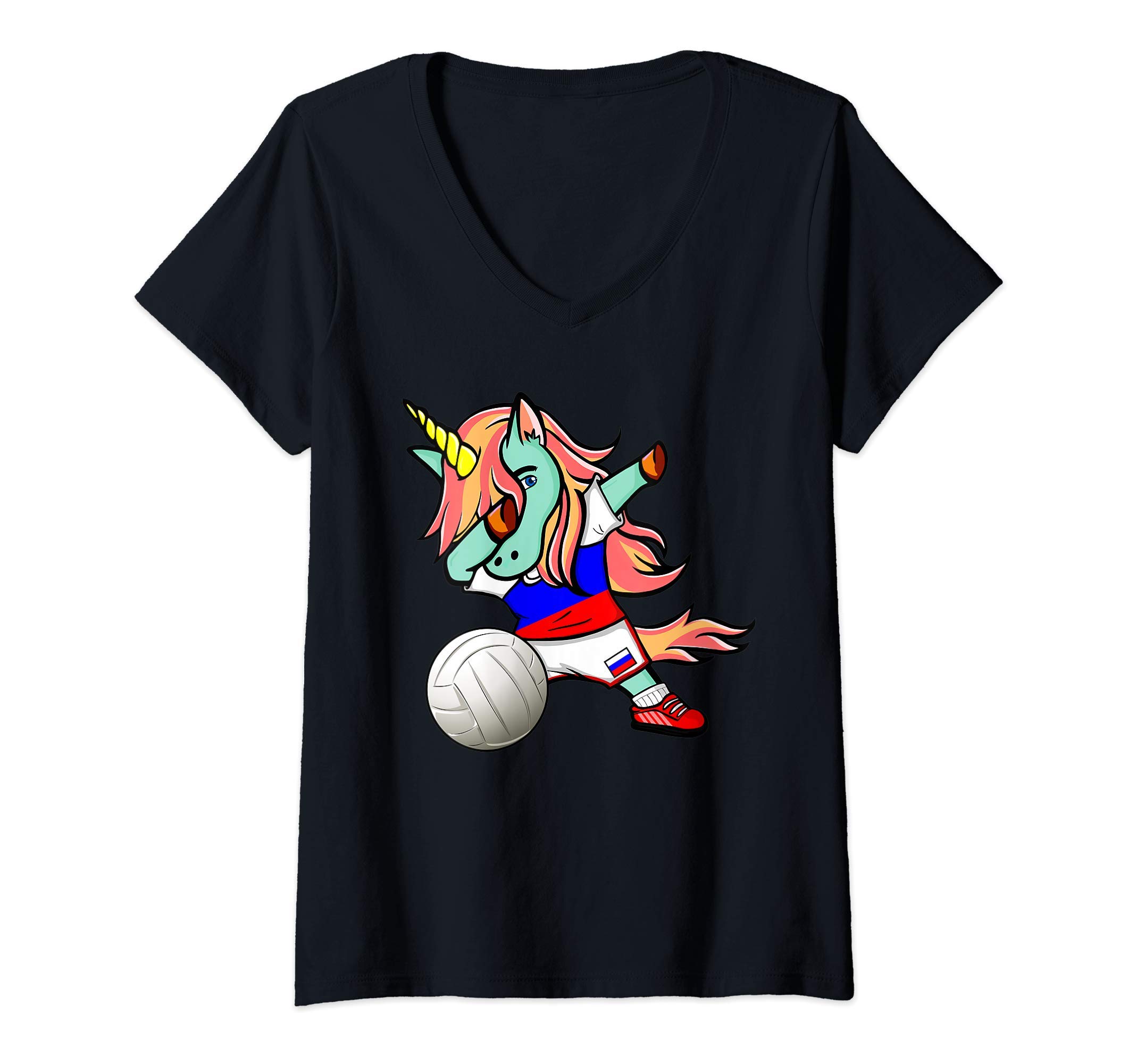 Teeisle Russia VolleyballWomens Dabbing Unicorn Russia Volleyball Lovers Jersey Russian Flag V-Neck T-Shirt