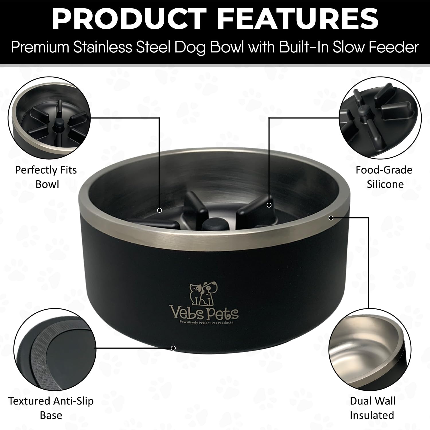 64 oz Premium Insulated Stainless Steel Dog Bowl - Non-Slip, Spill-Proof, BPA-Free - Includes A Slow Feeder Insert, Dog Dish, Water and Food Bowl Feeding of Large and Medium Dogs - Black - image 3