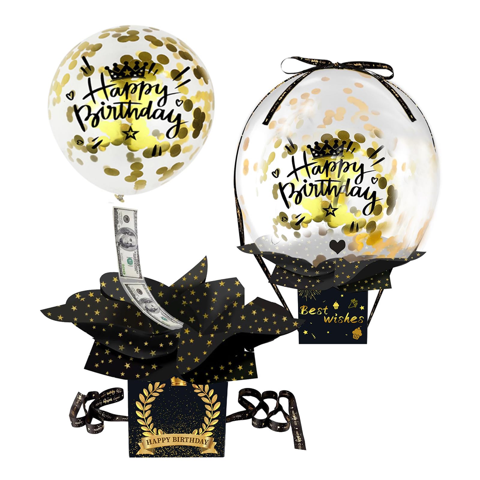 DiiWmme Birthday Money Box with Balloons, Pull Surprise Cash Gift for Any Age, Fun Money Cake Alternative with Pull Out Mechanism, Unique Present for Boys, Girls, Teens, Men, Women (Black)