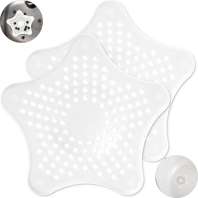 Uniwersalne sitko do odpływu, 2 sztuki, białe, z TPR, 15,5 x 13,5 cm, z 5 przyssawkami zapewniającymi pewny chwyt, do odpływów do Ø 90 mm, sitko odpływowe do zlewozmywaka, sitko do włosów, umywalka, filtr do