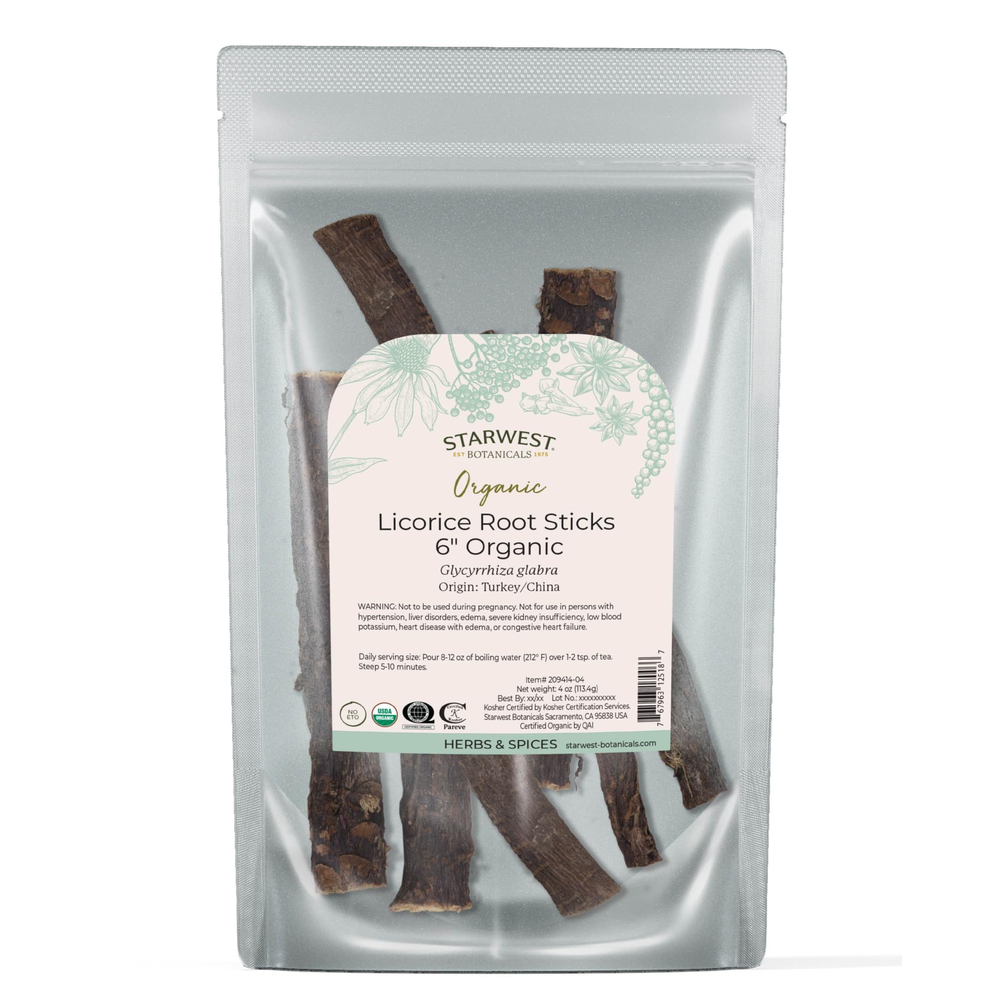 Starwest Botanicals Organic Dried Licorice Root Sticks 6" - 4 oz Pouch Licorice 4 Ounce (Pack of 1)