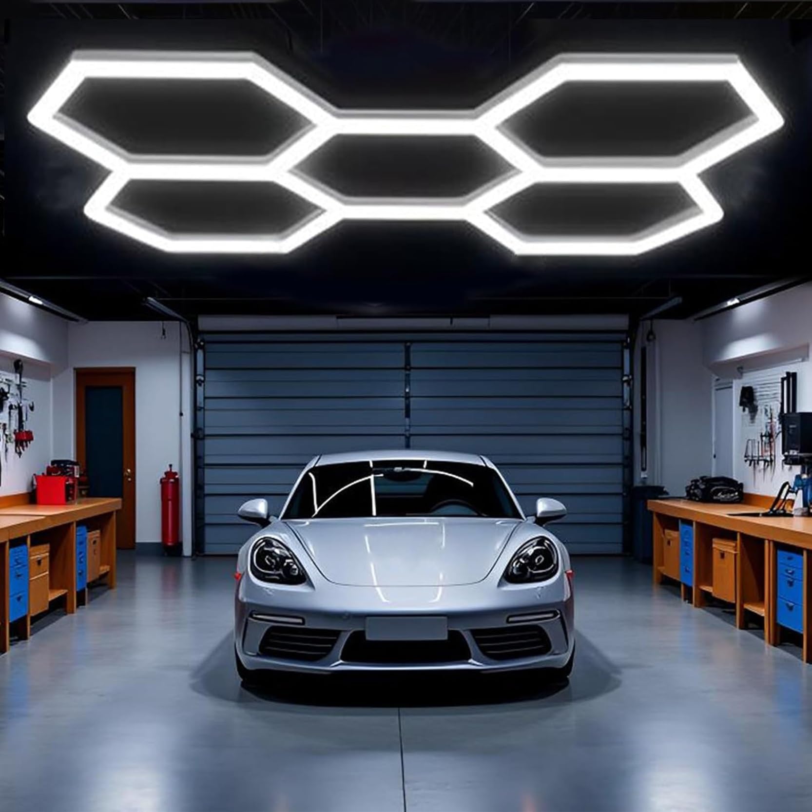 Panneaux LED hexagonaux à 5 ou 14 modules, grand format, 168 W ou 672 W, 6500 K, ultra-lumineux, for garage, atelier, entrepôt, detailing auto, bureau. Installation facile.(5 HEX)