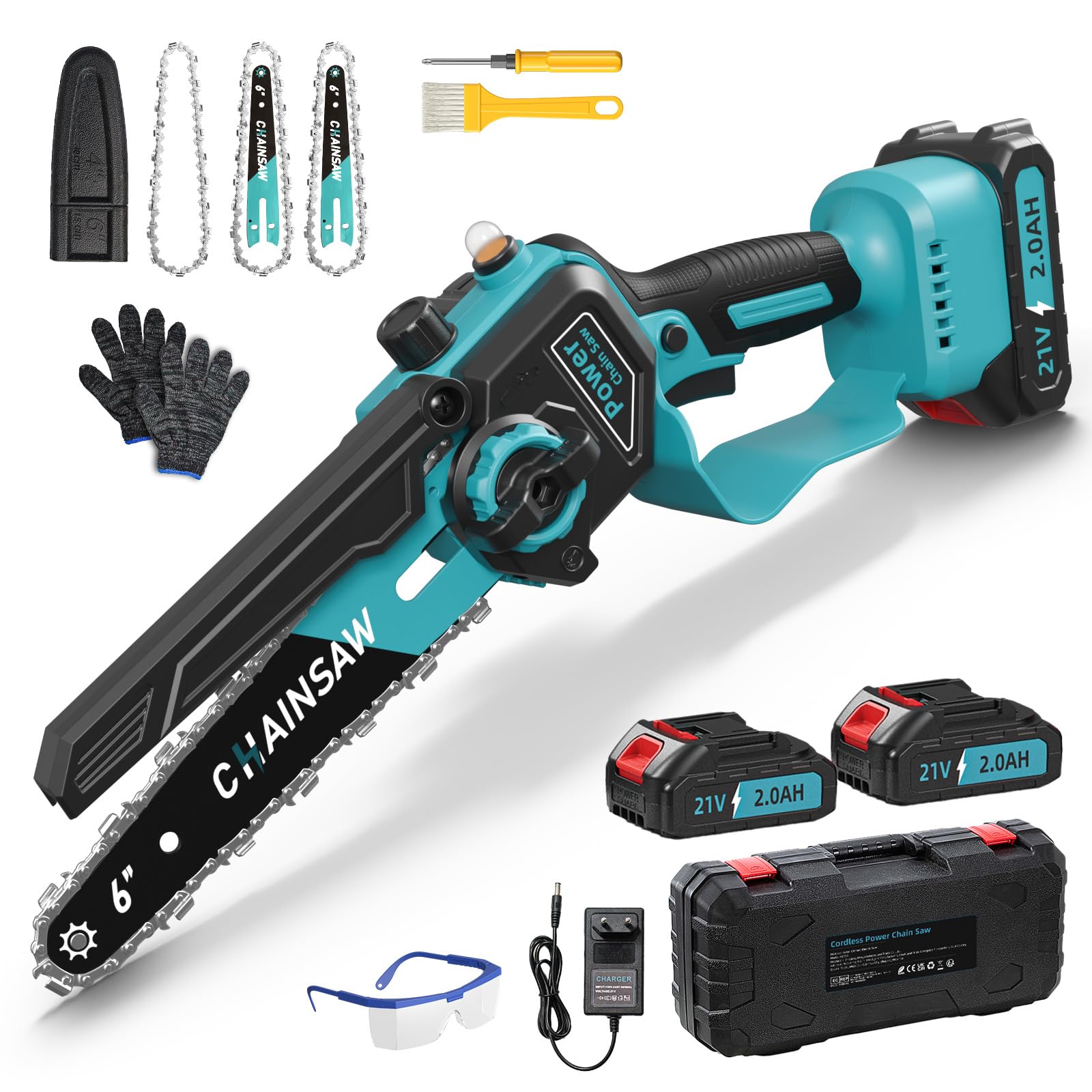 Akku Kettensäge, Mini Kettensäge mit Akku 6 Zoll mit 1000W Bürstenloser Motor, 2 x 2000mAh Akku Säge für Makita 18V Akku, mit Automatischer Öler, Handkettensäge für Gartenscheren Holzschneidenz