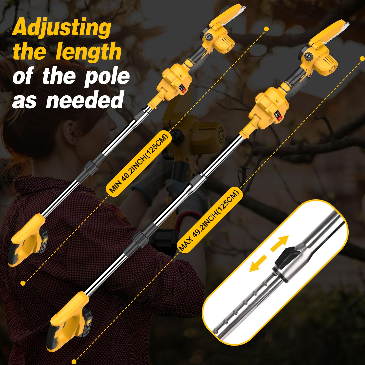 Motosierra telescópica 2 en 1, minisierra de cadena sin escobillas con 2x2000mAh baterías, 6 Pulgadas, máx. de trabajo 4m, ajuste multiángulo de 90°, Podar Arboles Patio de Jardín árboles
