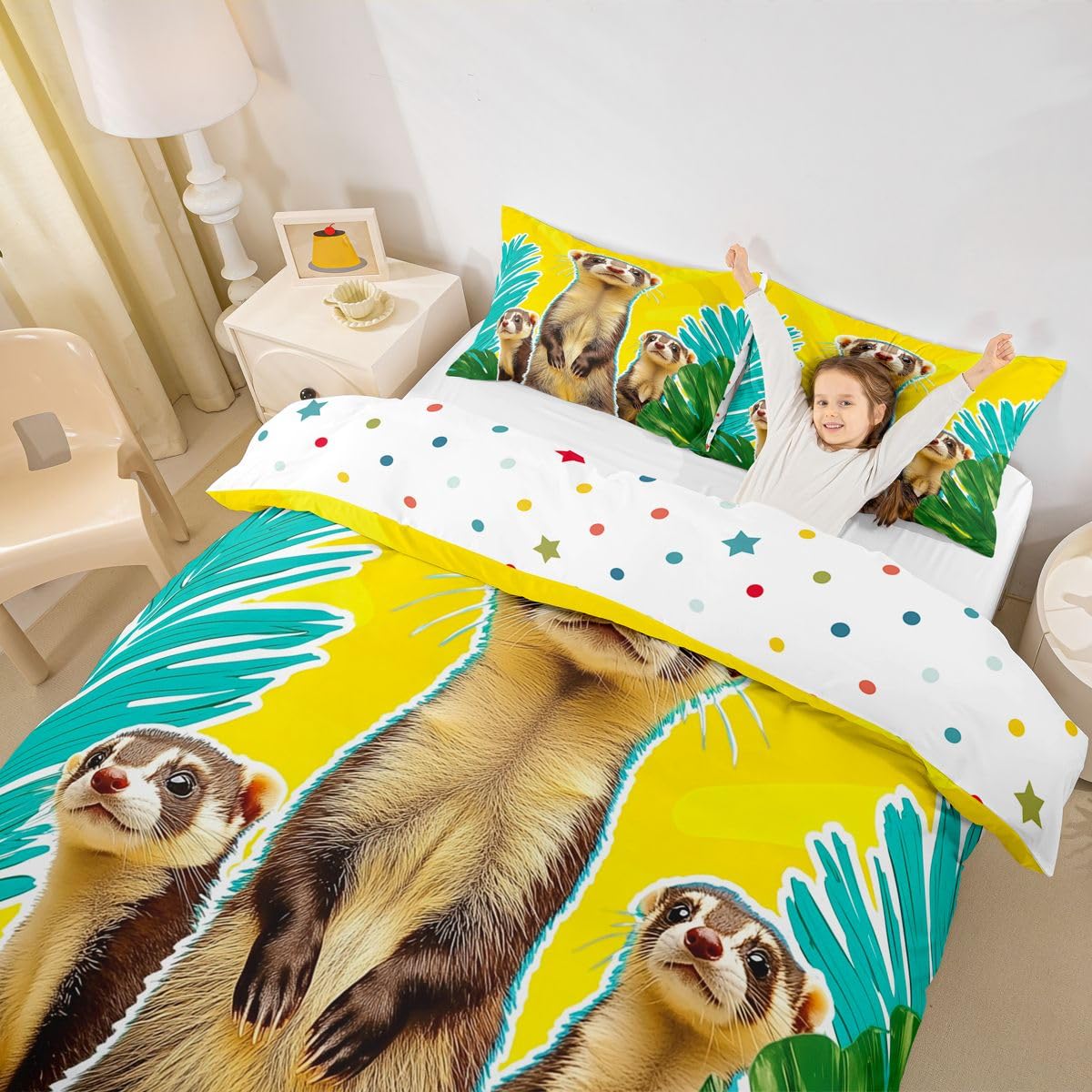 Homewish Śmieszne fretki zestaw poszewek na kołdrę w rozmiarze king size dla dzieci nastolatków - uroczy nadruk zwierzęcy pościel z 2 poszewkami na poduszki - nadruk dzikiej przyrody fretki poszewka