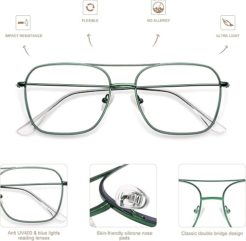 Miniatura 10 de Gafas de lectura retro para mujeres y hombres, aviador, cuadrado, luz azul, computadora, lector de 1.50 2.00 AM6076