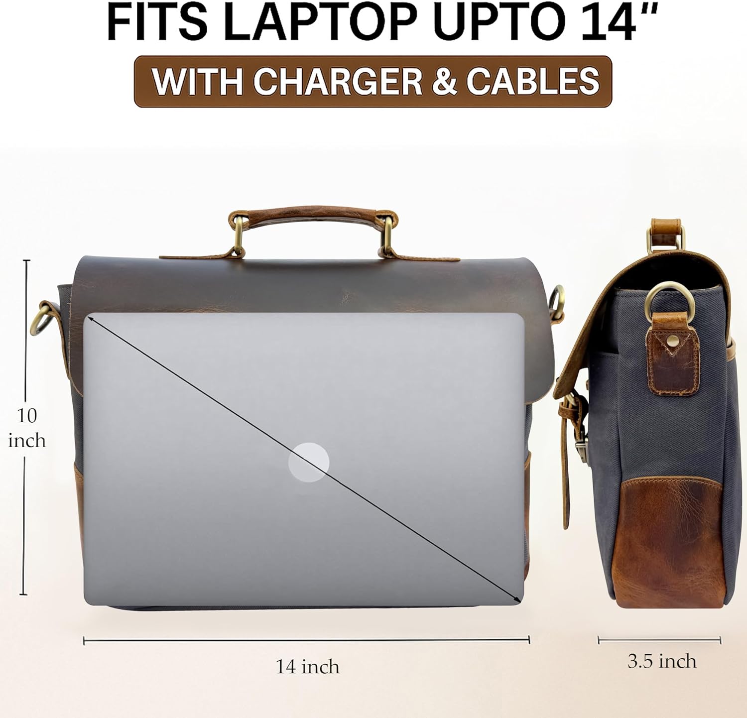 RUSTIC TOWN Leather Canvas Messenger Bag for Men Women - Vintage Laptop Satchel Leather Briefcase (14 Inch, Dark Grey)
