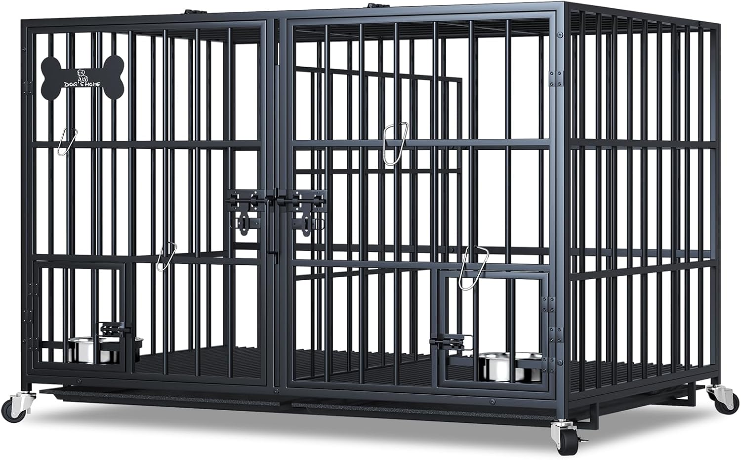 Dosker 48/42 inch XL Dog Crate for Large Dog/Double Medium Dogs,Heavy Duty Metal Dog Cages,All Metal Open Top Stackable,Dog Kennel Indoor with Wheels,Floor Grid, Tray, Divider and Feeding Bowl 48"inch Black