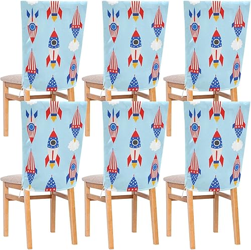 Juego de 6 fundas decorativas de asiento de cumpleaños con cohetes rojos y azules para silla de aula para dormitorio, lavable, protector de sillas