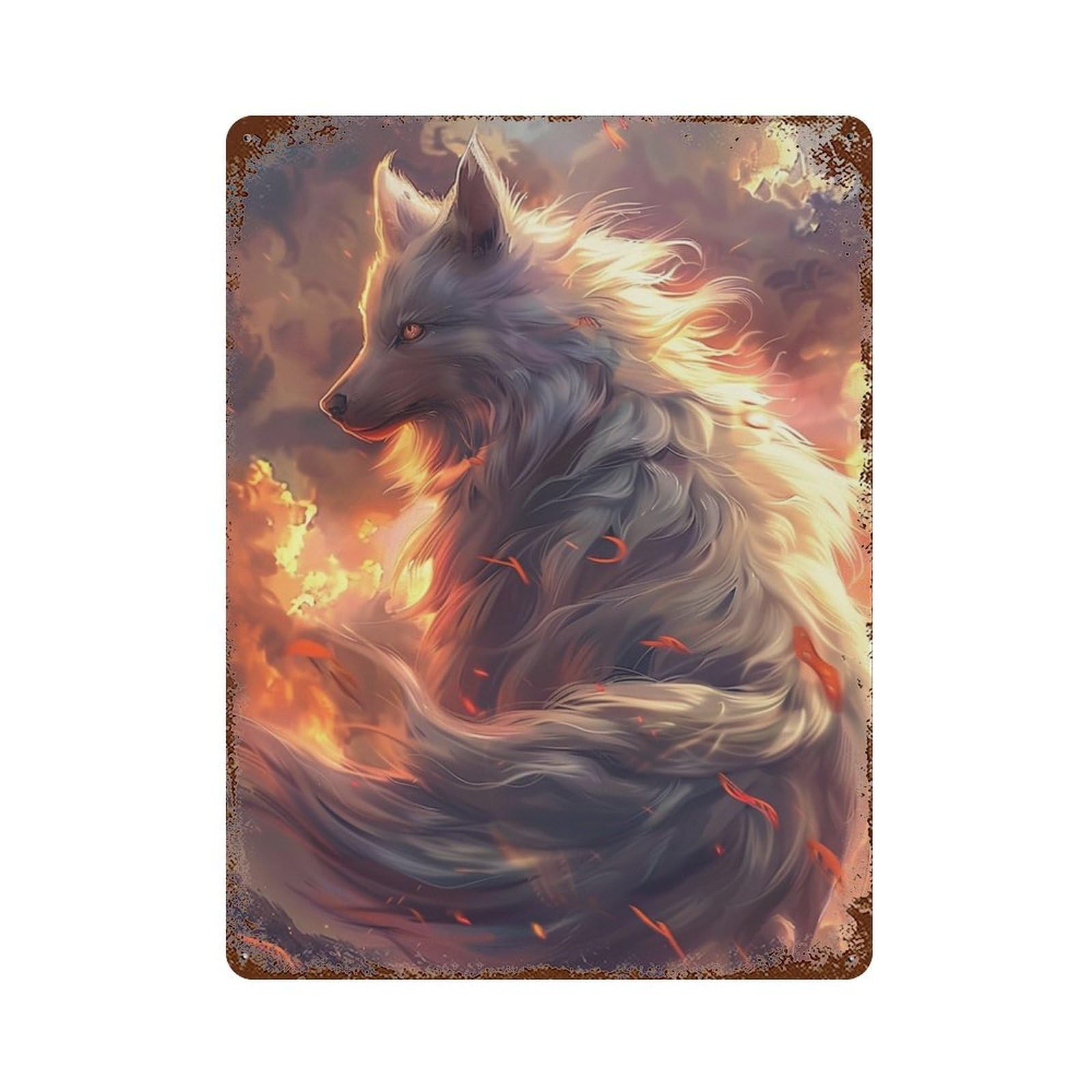 Flame Fox Fantasy Artwork Weathered Tin Sign 15.7"x11.8", Classic Wall Plaque for Garage, Bar And Workshop Decor