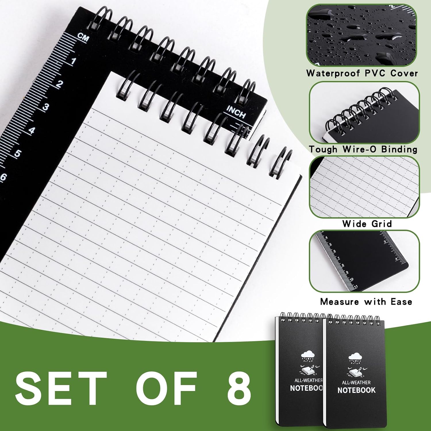 Waterproof Notebook, 8 Pack Pocket Notepad, 3" x 5 Top-Spiral NotePad Black image 2