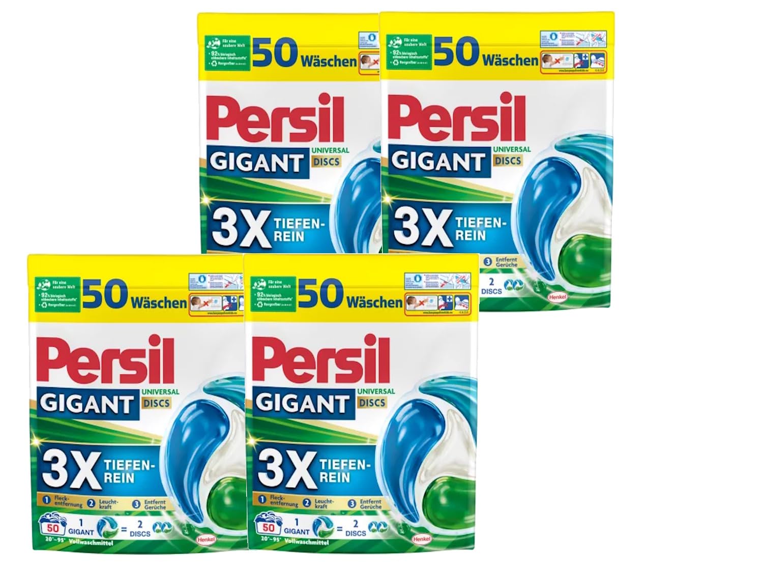 PERSIL Gigant DISCS Universal 4er-Set – Waschmittel mit 3x Tiefenrein-Formel – Vollwaschmittel für strahlend reine Wäsche & hygienische Frische in der Maschine