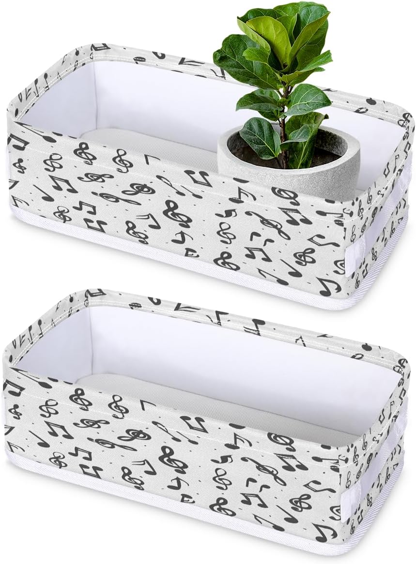 Funny Music Patterns Small Bathroom Basket Foldable Toilet Tank Topper Paper Basket of 2 Pack Decorative Open Storage Organizer Bin with Waterproof Base for Bathroom Counter Shelf