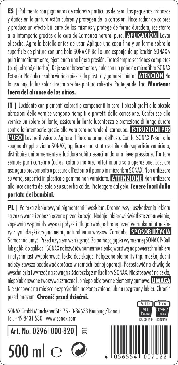 SONAX Polish+Wax Color black (500 ml) polish con pigmenti colorati e componenti in cera | Art. N. 02961000-820