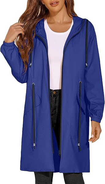 ELESOL Women Rain Jacket Waterproof Long Rain Coats Hooded Windbreaker Lightweight Raincoats Travel Hooded Trench Coats S-3XL