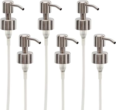 Cornucopia Brands Stainless Steel Replacement Lotion Pump Parts, 28-400 (6-Pack); Silver Metal Soap Dispensers Fit Standard 8oz/16oz Boston Round Bottles