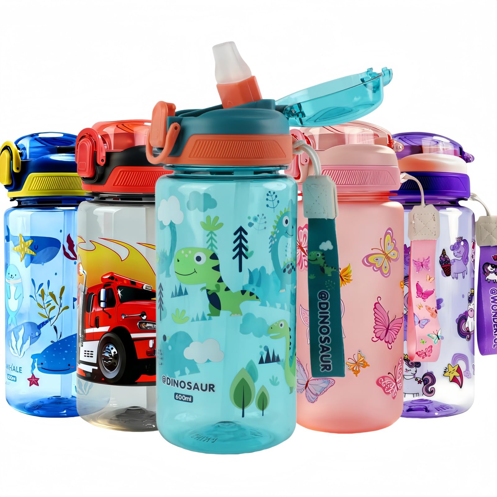 Dinosauro Borraccia Bambini 600 ML Infrangibile Senza BPA Apertura One-Touch Facile da Pulire