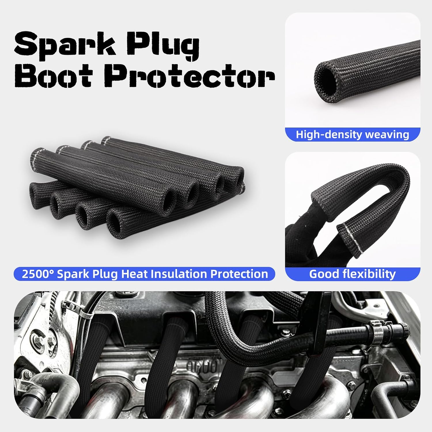 Spark Plug Boot Heat Sleeve Protector, 8 Pack, 6 Inch, 2500°, for Ls1/Ls2 SBC BBC 350 454. (BLACK)