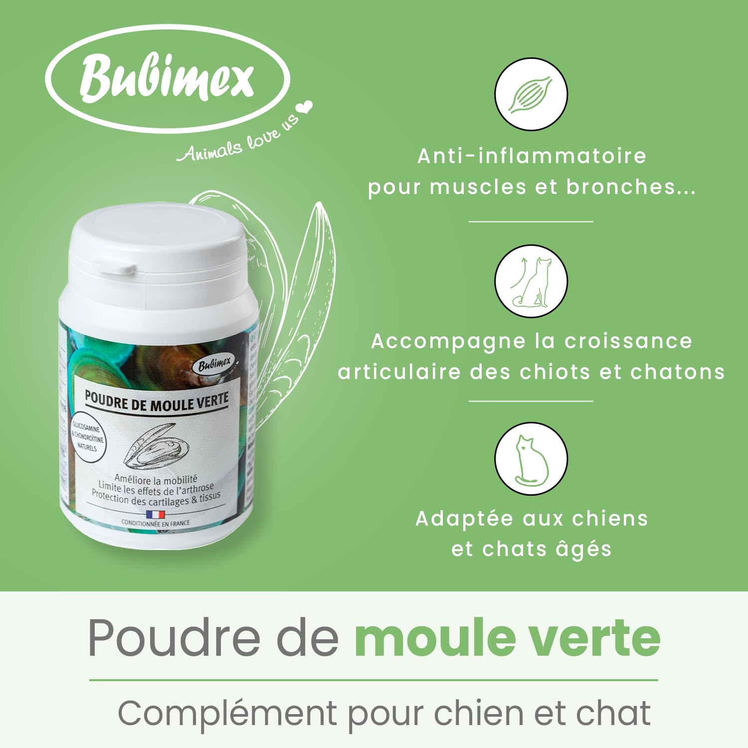 BUBIMEX - Poudre de Moules Vertes - Bien-Être Articulaire Chien & Chat - Formule 100% Naturelle - 400 g