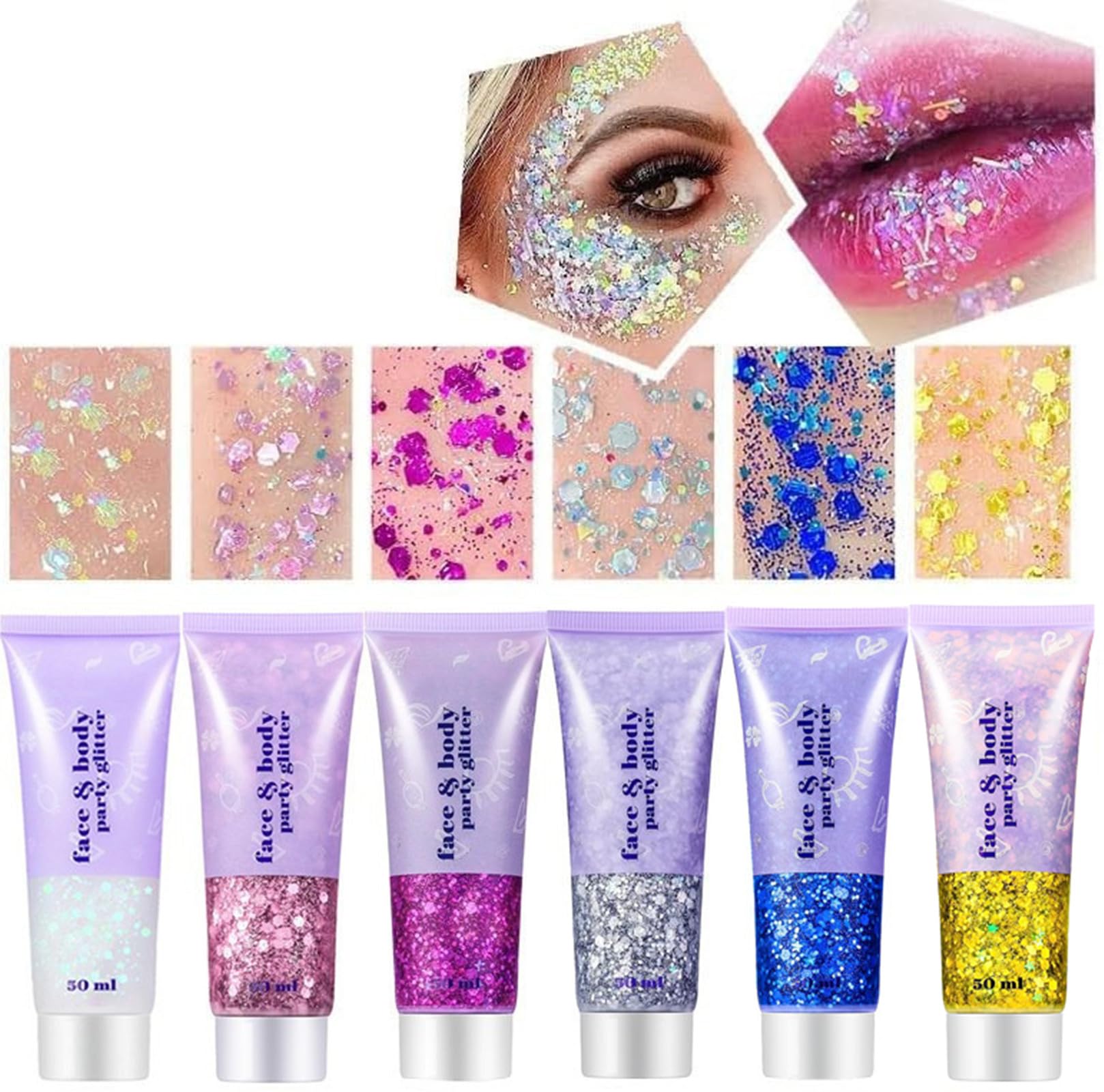 Go Ho 6 Colors Face Body Glitter Gel,Festival Sequins Shimmer Eyeshadow
