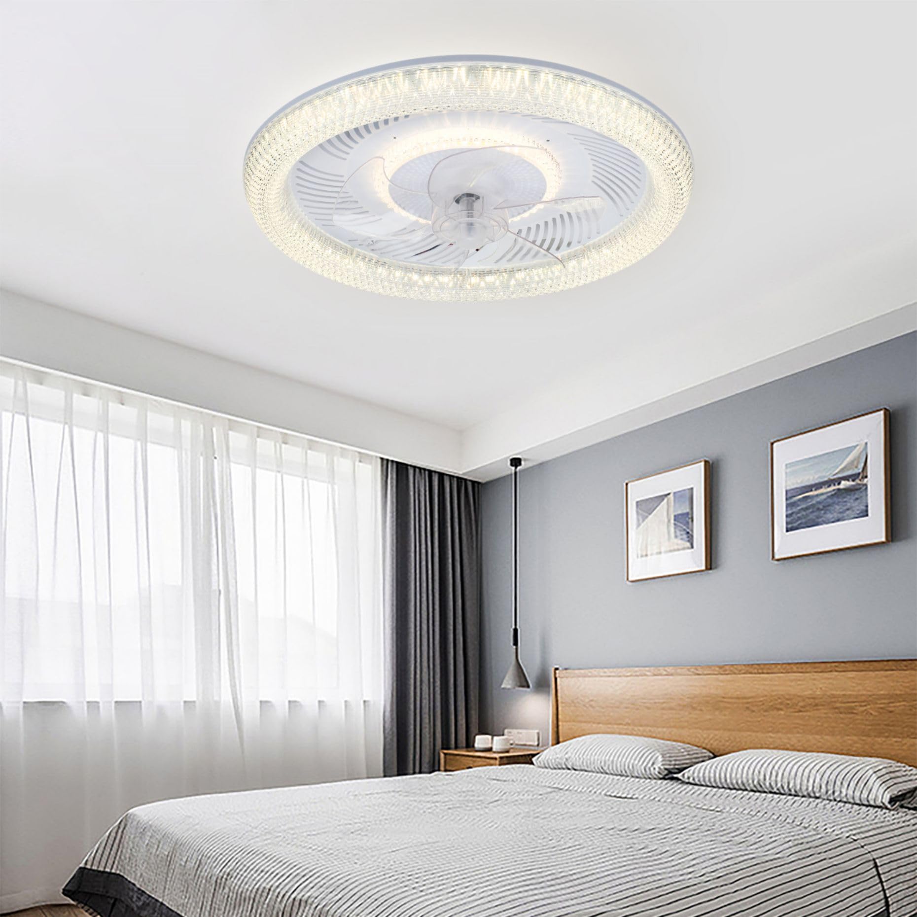 LED Deckenventilator mit Beleuchtung und fernbedienung 6 Geschwindigkeiten | und 3 Farbtemperatur Weiß Rund Kristall Moderner Ventilator Leise mit Licht für Schlafzimmer Zimmer 50CM
