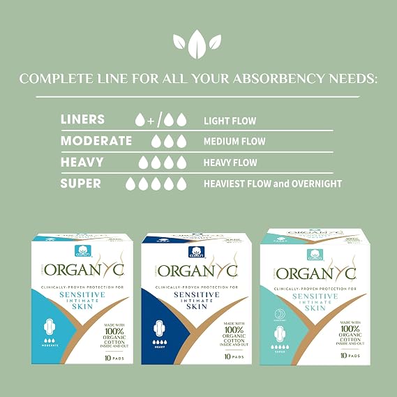 Organyc 100% Certified Organic Cotton Feminine Pads, Moderate Flow, 10 Count