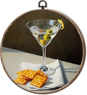 EGVQK Vintage Kitchen Bar Round Wall Art, Retro Martini Cheese Cookies Framed Canvas Prints Wall Art, Whimsical Food Round Canvas Hanging Walls Decor for Dining Room Home Bar Decorations, 10x10in