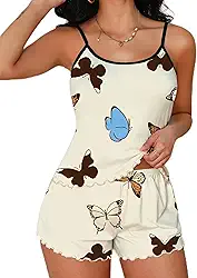 Conjunto de pijama feminino de verão, estampa de borboleta, alças finas, macio, respirável, roupa de dormir
