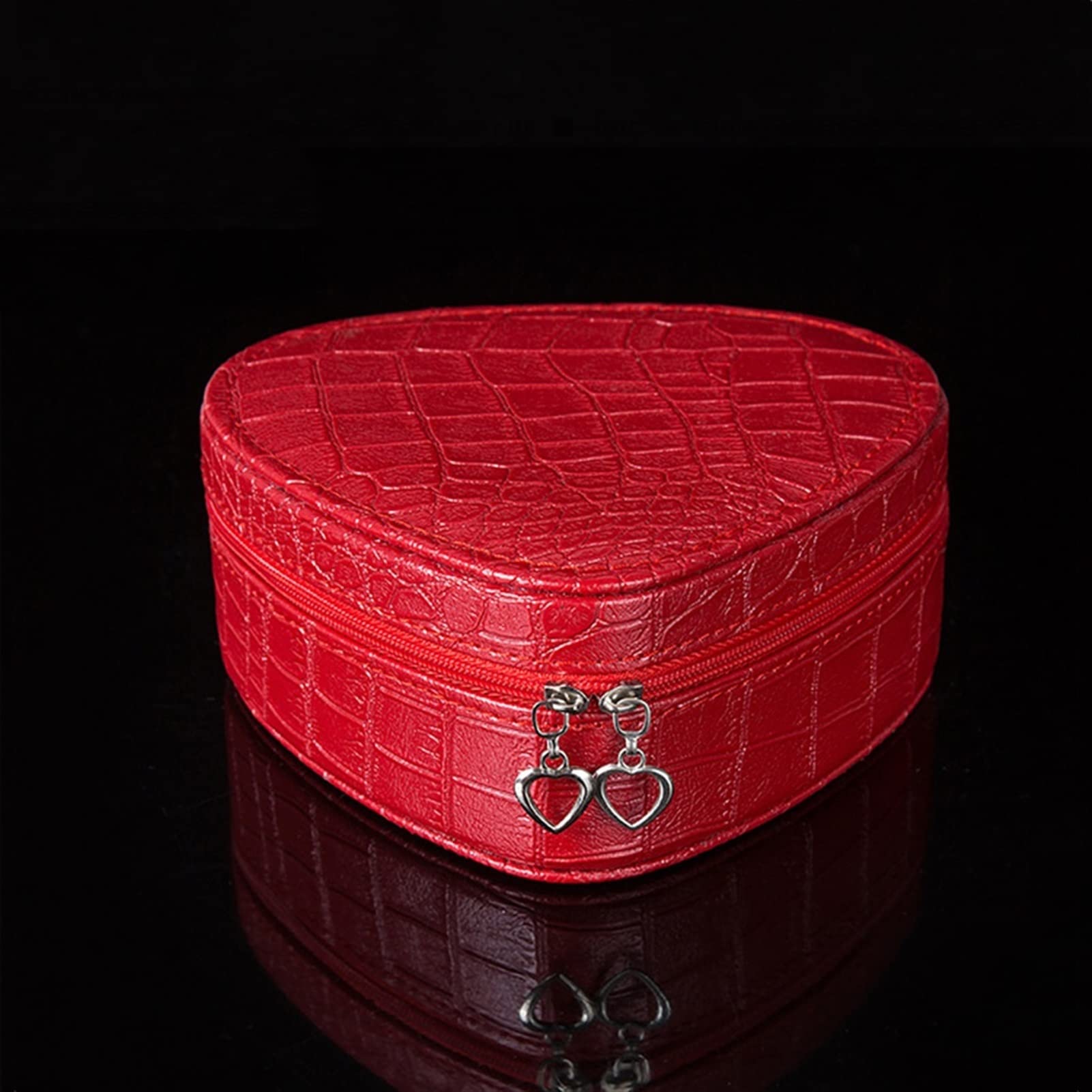 Schmuckschatulle in Herzform, Schmuck-Organizer aus PU-Leder, mit Spiegel, Reise-Schmucketui, Geschenk für Frauen (rot)