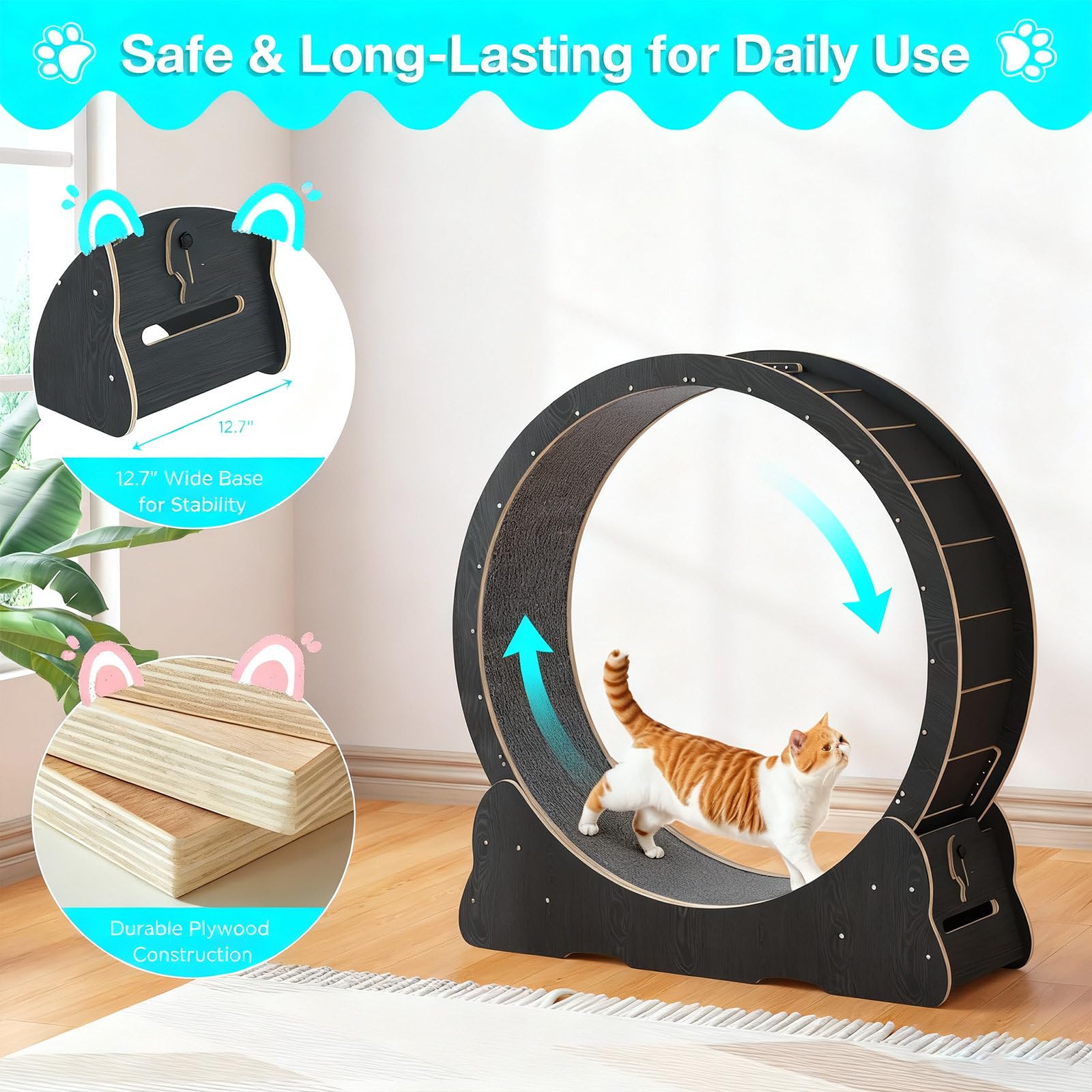 Rueda de Ejercicio para Gatos, Rueda Grande de 104 cm/117 cm para Gatos de Interior, Rueda para Correr con Alfombra Desmontable y Juguete para Correr, Caminar Entrenar, Adecuada Black-L