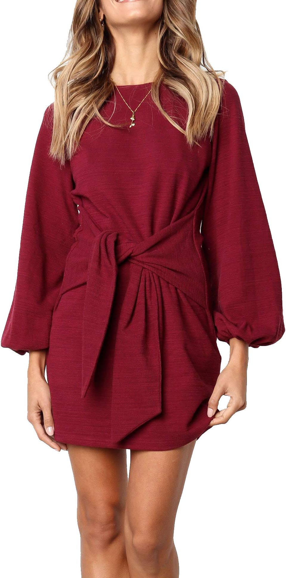 R.Vivimos Women's Autumn Winter Cotton Long Sleeves Elegant Knitted Bodycon Tie Waist Sweater Pencil Dress