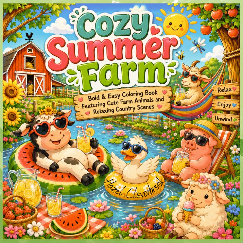 Cozy Summer Farm: Bold & Easy Farm Coloring Book with Cute Relaxing Country Scenes