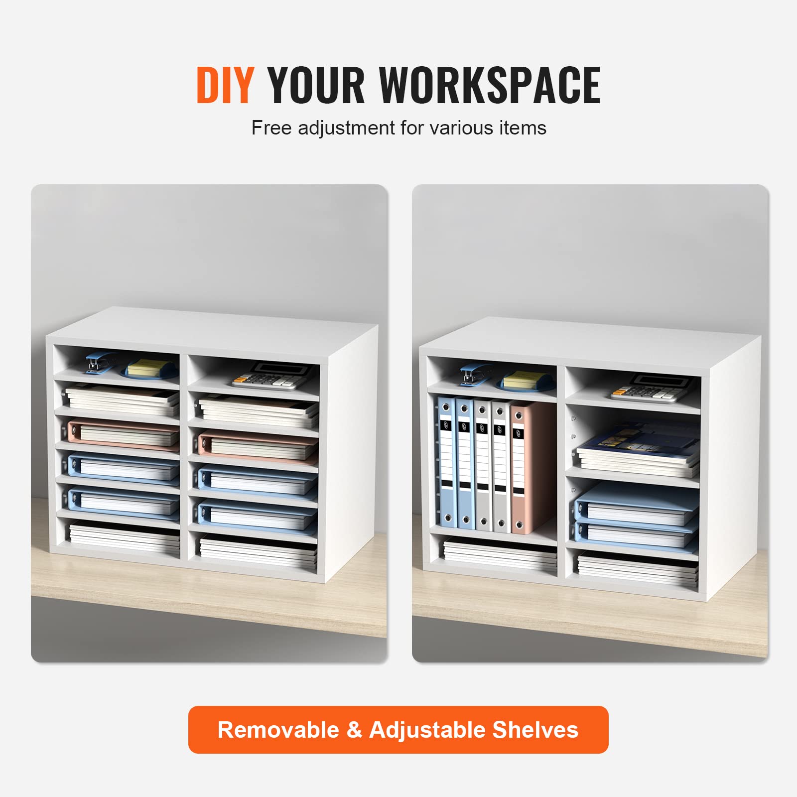 VEVOR Organizador de Literatura de madera Aglomerado Estante de Almacenamiento de Documentos de 12 Compartimentos 52x30,5x41 cm Clasificador de Literatura con Estantes Ajustables para Oficina, Blanco
