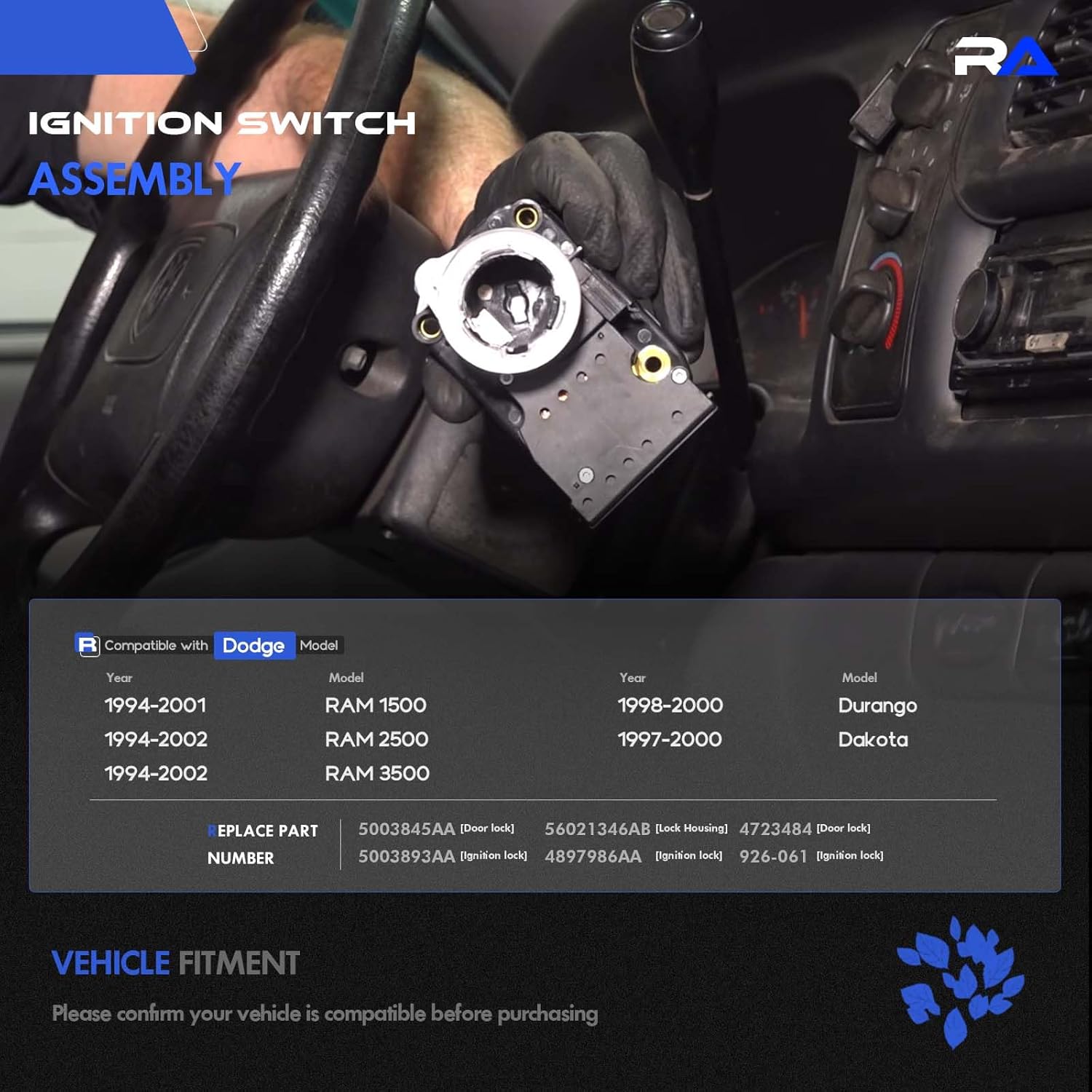 Ignition Switch Lock Cylinder & Housing & 2 Door Lock & 2 Key Fit for Dodge Ram 1500 2500 3500 1994-2002 Dakota Durango Viper 1997-2000 Replace # 5003845AA 56021346AB 5003893AA 4723484