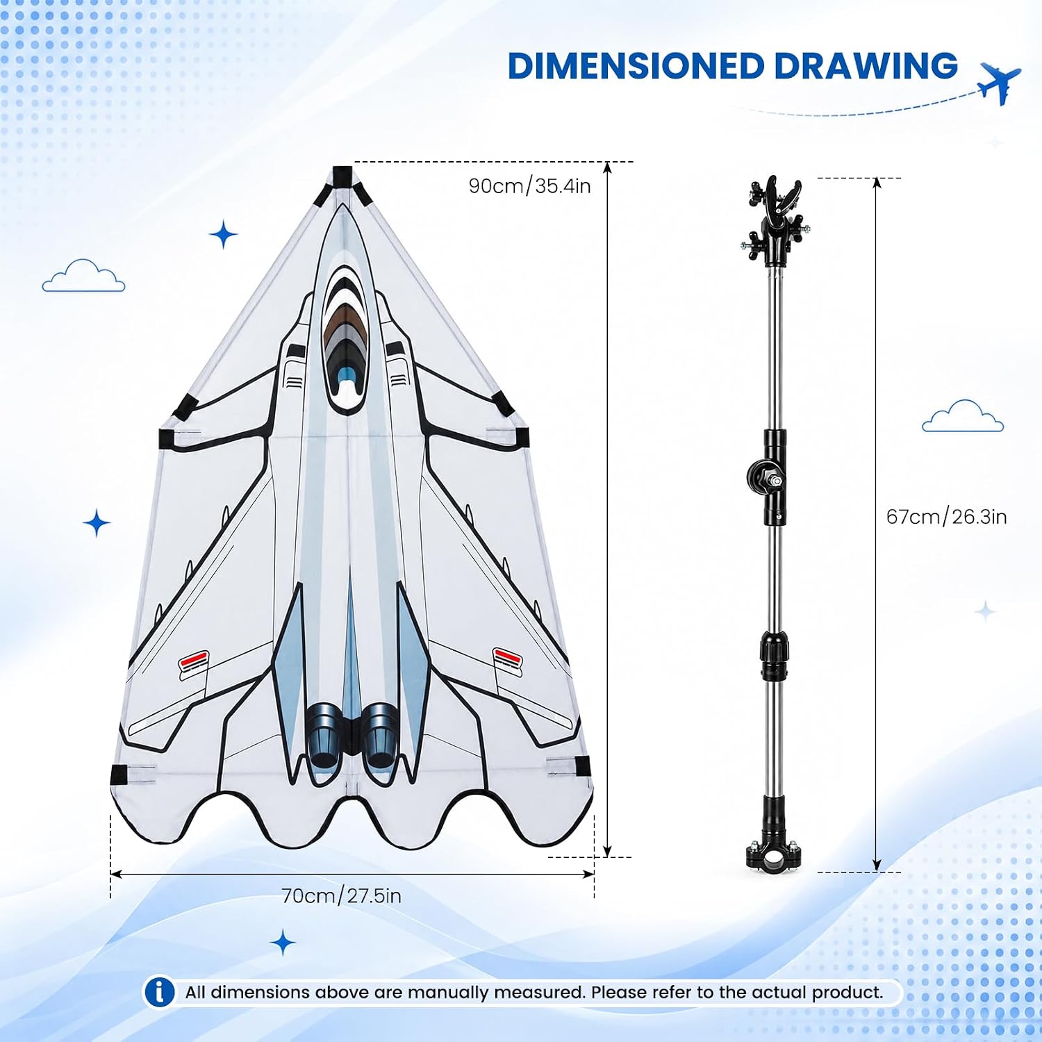 FUBOTRAD-Cool Airplane Print Kite-Shaped Sunshade Fit Kids Ages 3+, Works with Kick Scooters, Balance Bikes & Kids Bicycles(with Matching Phone Holder Included) image 2