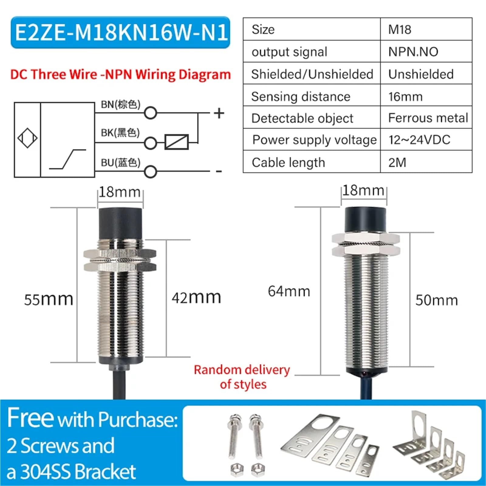 Interruptor de proximidad inductivo de larga distancia con rosca M18 NPN/PNP, sensor cilíndrico metálico, normalmente abierto y normalmente cerrado(E2ZE-M18KN16W-N1)