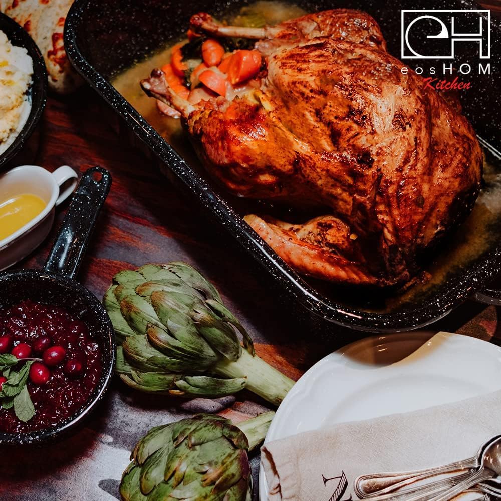 Kitchen 34771 Covered Rectangle Roaster, 21-Inch, Speckled Black Porcelain Enamel on Steel, 25 lb Roasting Pan for Turkey, Ham, Roasts, Vegetables & Holiday Meals
