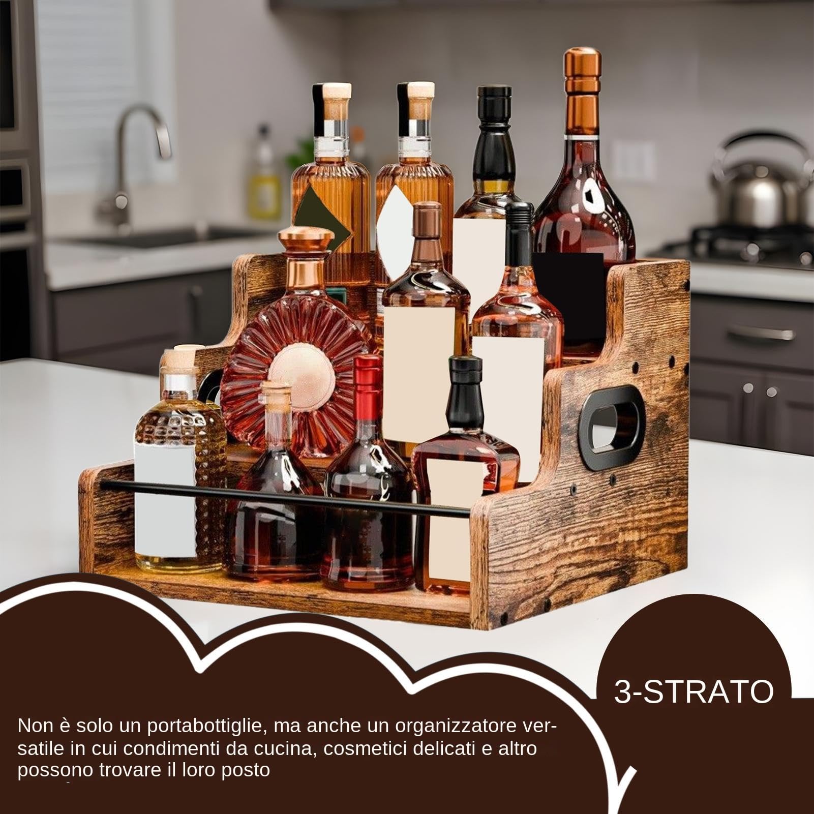 Mensola Espositiva Per Bottiglie Da Bar 3 Ripiani Vintage In Legno | Mensola Per Whiskey Da Bar Cosmetici Per Appassionati Di Bar, Proprietari Casa, Abitanti Appartamenti, Collezionisti