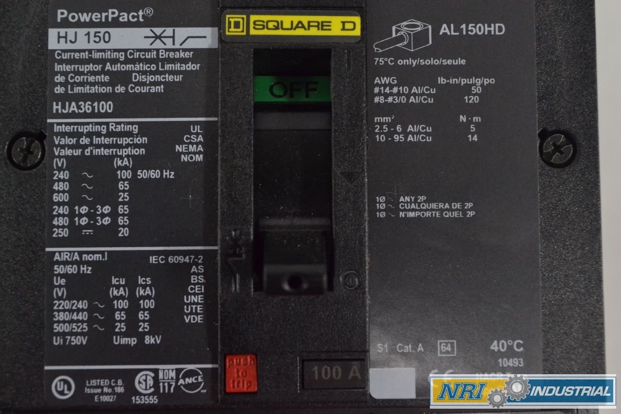 SQUARE D HJA36100 POWERPACT-HJ150 I-LINE 3P 100A 600V Circuit Breaker B282992