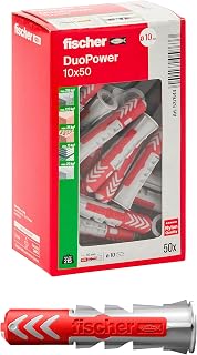 Fischer 50 x DuoPower Dübel 10 x 50 mm für Mauern, Lochziegel, Gipskarton, 537644