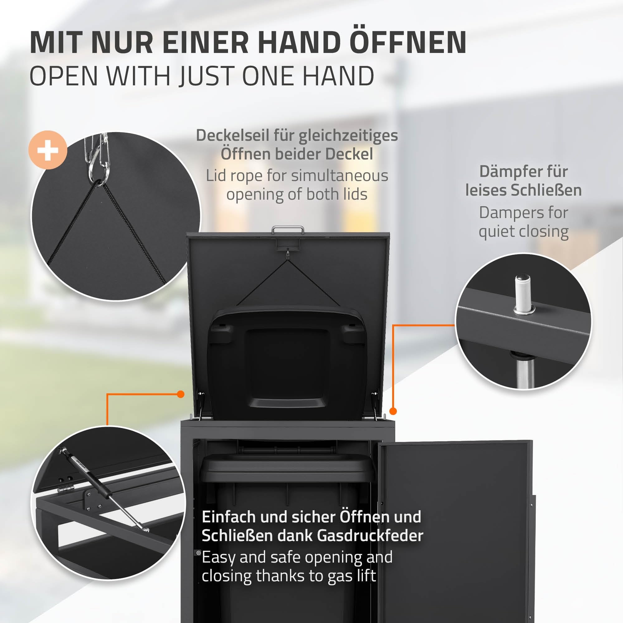 ML-Design Abri Cache 1 Poubelle, 68x80x120cm 240L, Anthracite Aspect Bois Claire, en Acier, Couvercle Rabattable et Porte Clôture, Protection Visuelle, Habillage Conteneurs, Résistant aux Intempéries