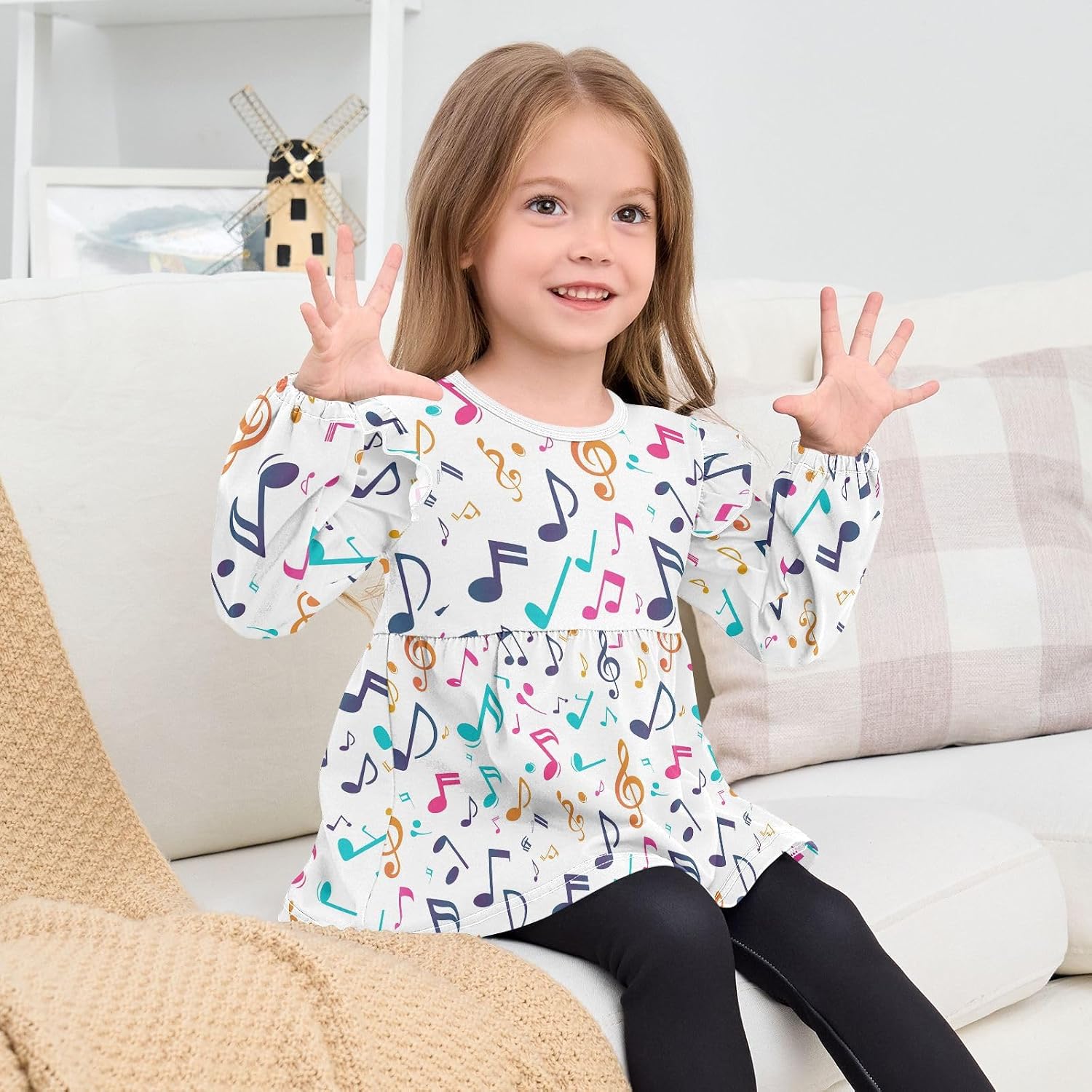 visesunny Toddler Clothes for Girls Simple Musical Symbol Long Sleeve Fall Shirts Cotton Top with Ruffle Collar