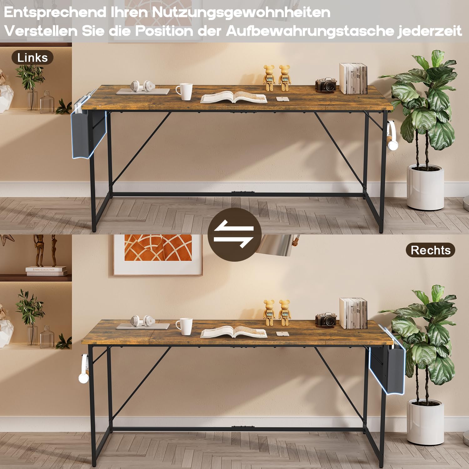 Devoko Scrivania per Computer, Scrivania PC da Ufficio, Scrivania salvaspazio per Studio, Scrivania da Lavoro con Borsa Portaoggetti e Gancio para, Struttura in Metallo 140 x 50 x 75, Marrone Vintage